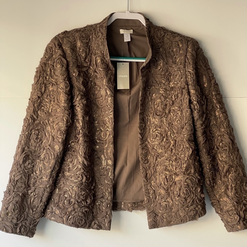 NWT ($159) Chico's Blazer Jacket Coat Taupe Rose Sequin, Sz 1 (M/8)